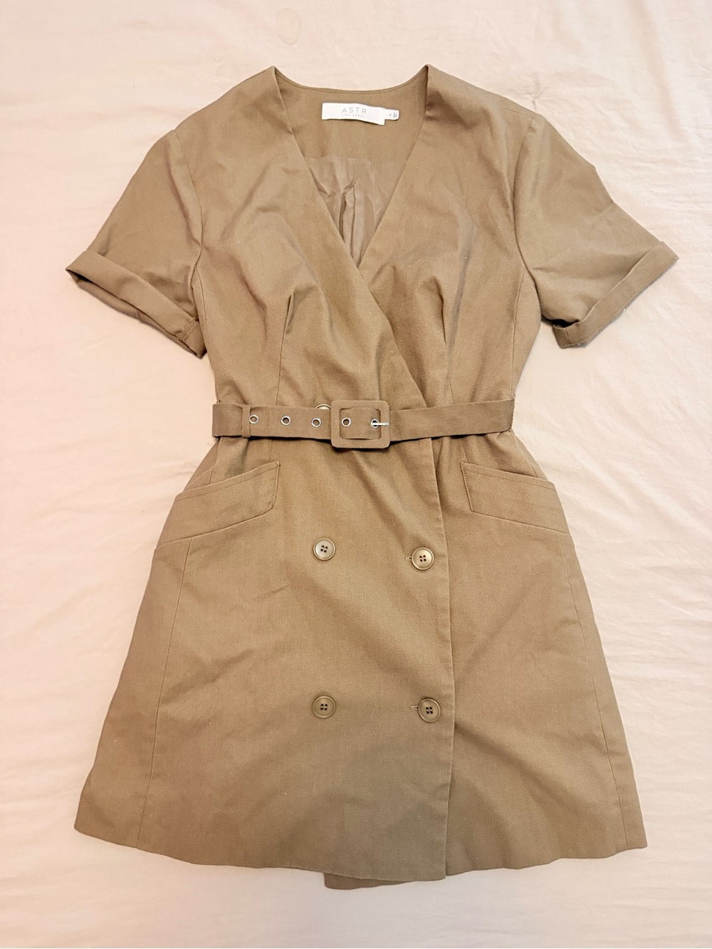 ASTR The Label Deep Taupe Belted Double Breasted Mini Dress S